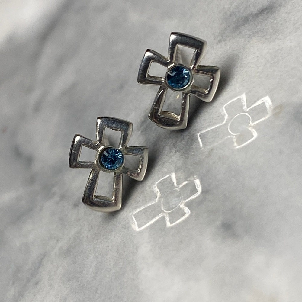 Small cross aquamarine stone earrings sterling silver 925